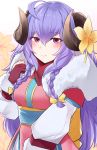  1girl ahoge braid breasts curled_horns flower fur_collar gloves hair_flower hair_ornament hand_up highres horns japanese_clothes kimono kindred kongthegrain lamb_(league_of_legends) league_of_legends long_hair long_sleeves looking_at_viewer obi partly_fingerless_gloves pink_eyes pink_kimono purple_hair red_gloves sash small_breasts smile solo spirit_blossom_kindred twin_braids upper_body yellow_flower 