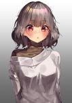  1girl :o bangs blush breasts brown_shirt clip_studio_paint_(medium) eyebrows_visible_through_hair gradient gradient_background grey_background grey_hair highres looking_at_viewer off_shoulder original parted_lips red_eyes se.a shirt small_breasts solo turtleneck upper_body white_background white_shirt 