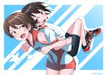  2girls artist_name assisted_stretching back-to-back bangs bike_shorts black_shorts brown_eyes brown_hair clenched_hands coffeenougat_1985 cross-laced_footwear girls_und_panzer gym_shirt gym_uniform highres isobe_noriko kawanishi_shinobu leaning_forward looking_at_another looking_back multiple_girls no_socks open_mouth red_footwear red_shirt red_shorts shirt shoes short_hair short_ponytail short_shorts short_sleeves shorts silhouette sleeveless sleeveless_shirt smile sneakers sportswear standing star_(symbol) stretch sweat swept_bangs t-shirt volleyball_uniform white_shirt 