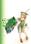  1girl armor bangs blonde_hair blue_eyes boots bow breasts bridal_gauntlets brown_footwear cleavage closed_mouth collarbone covered_navel dress eyebrows_visible_through_hair full_body green_bow green_dress hair_between_eyes hair_bow hair_tubes highres holding holding_polearm holding_weapon kirishima_satoshi long_hair looking_at_viewer low-tied_long_hair medium_breasts pauldrons polearm riesz seiken_densetsu seiken_densetsu_3 short_dress shoulder_armor side_slit sleeveless sleeveless_dress smile solo standing strapless strapless_dress trident very_long_hair weapon white_background 