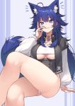  1girl ahoge animal_ear_fluff animal_ears bangs blue_eyes blue_hair breast_curtains breasts corset crossed_legs grin jacket jjune large_breasts long_hair long_sleeves looking_at_viewer original panties sidelocks sitting smile solo tail thighs underwear very_long_hair white_panties wolf_ears wolf_tail 