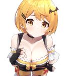  1girl bare_shoulders bat_hair_ornament bent_over black_gloves blonde_hair blurry breasts cleavage collarbone depth_of_field eyebrows_visible_through_hair fingerless_gloves gloves hair_ornament hairclip highres hololive large_breasts looking_at_viewer solo syhan virtual_youtuber white_background yellow_eyes yozora_mel 