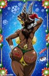  anthro big_breasts blue_eyes breasts butt cervid christmas clothed clothing digital_media_(artwork) female fur gloves hair handwear hat headgear headwear hi_res holidays horn looking_at_viewer looking_back mammal nude panties pinup pose santa_hat simple_background smile solo text thehyenassbe thong tongue topless underwear wide_hips 