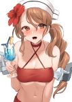  1girl bangs bikini blush breasts brown_eyes brown_hair cleavage cup drinking_glass flower food fruit glass hair_between_eyes hair_flower hair_ornament headdress hibiscus highres holding holding_cup kantai_collection large_breasts lemon lemon_slice littorio_(kantai_collection) long_hair mizuki_eiru_(akagi_kurage) open_mouth red_bikini red_flower rigging simple_background solo swimsuit upper_body white_background 