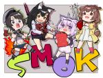  4girls :d ahoge animal_ear_fluff animal_ears axe beret black_hair blue_eyes bone_hair_ornament brown_eyes brown_hair cat_ears cat_tail chainsaw chibi commentary_request dog_ears dog_tail dress fire fire_axe full_body gas_can grey_legwear hairband hat hololive inugami_korone left_4_dead_2 leg_warmers long_hair long_sleeves midriff multicolored_hair multiple_girls navel nekomata_okayu ookami_mio oozora_subaru open_mouth purple_eyes purple_hair red_hair shirt short_hair shorts sleeveless sleeveless_shirt smile soda_bottle square_mouth standing streaked_hair suspenders tail takuji_yuusaku tentacles thighhighs virtual_youtuber white_dress wolf_ears 