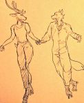  2020 anthro antlers beastars bottomwear canid canine canis cervid cervine clothed clothing crop_top duo fur hand_holding horn legoshi_(beastars) louis_(beastars) male male/male mammal pants red_deer rollerskates shirt sleeveless_shirt topwear traditional_media_(artwork) wolf wuffinarts 