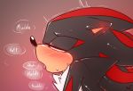 anthro black_body black_fur blush bodily_fluids chest_tuft fur hi_res krazyelf looking_pleasured male red_body red_eyes red_fur shadow_the_hedgehog solo sonic_the_hedgehog_(series) sweat text tuft 
