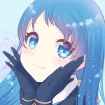  1girl bangs black_gloves blue_background blue_eyes blue_hair blush closed_mouth commentary_request dated eyebrows_visible_through_hair gloves hands_up kantai_collection long_hair looking_at_viewer samidare_(kantai_collection) signature smile solo tsukimochikuriko_(tsukimochi_k) upper_body 