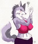  2016 annoyed anthro big_breasts breasts canid canine canis cute_fangs female fur grey_body grey_fur kemono mammal melonleaf navel nipple_outline open_mouth purple_eyes simple_background snout solo white_background wolf 
