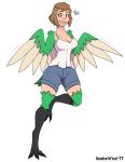  &lt;3 2020 absurd_res alternate_species avian bottomwear breasts brown_hair clothing european_mythology feathered_wings feathers female greek_mythology green_body green_feathers hair harpy hi_res looking_at_viewer mythological_avian mythology on_one_leg short_hair shorts simple_background smile solo standing talons unidentified-tf white_background wings 
