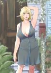  1girl arm_behind_head arm_up armpits bangs bare_shoulders black_panties blonde_hair blue_eyes blue_shirt breasts buttons collarbone collared_shirt curvy dress_shirt elf eyebrows_visible_through_hair garden hair_between_eyes large_breasts looking_at_viewer mature no_bra open_mouth original outdoors panties parted_lips plump pointy_ears see-through shirt short_hair sleeveless solo standing supi_(inner_map) underwear 