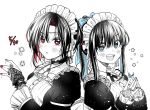  2girls absurdres apron blue_eyes blue_nails cosplay dated hg_ni_koisuru_futari highres kanzaki_sayaka_(hg_ni_koisuru_futari) kudou_makoto maid_apron maid_day maid_dress maid_headdress monochrome multiple_girls official_art open_mouth red_eyes red_nails spot_color takamiya_sora 
