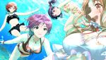  4girls ahoge air_bubble asakura_tooru bikini black_bikini black_hair bracelet breasts brown_hair bubble cleavage collarbone dutch_angle freediving fukumaru_koito gradient_hair green_eyes hair_ornament hair_ribbon hairclip higuchi_madoka ichikawa_hinana idolmaster idolmaster_shiny_colors itteru_biumu jewelry large_breasts low_twintails medium_breasts mole mole_under_eye multicolored_hair multiple_girls navel necklace noctchill_(idolmaster) ocean print_bikini purple_eyes purple_hair red_eyes ribbon short_hair submerged swimsuit tied_hair twintails underwater white_bikini 