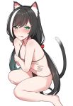  1girl alternate_costume animal_ear_fluff animal_ears arms_under_breasts bangs bare_arms bare_shoulders bikini black_bikini black_hair blush breasts cat_ears cat_tail collarbone commentary_request fang from_side green_eyes hair_ribbon hand_on_own_arm hand_on_own_stomach itose_ikuto karyl_(princess_connect!) long_hair looking_at_viewer low_twintails multicolored_hair parted_lips princess_connect! princess_connect!_re:dive red_ribbon ribbon simple_background sitting skin_fang small_breasts solo streaked_hair swimsuit tail tearing_up twintails wariza wavy_mouth white_background white_hair 