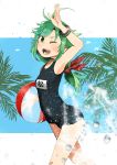  1girl annin_musou arm_up ball bandaid bandaid_on_leg beachball black_swimsuit blush eyebrows_visible_through_hair feet_out_of_frame green_eyes green_hair highres holding holding_ball holding_beachball kantai_collection long_hair matsu_(kantai_collection) name_tag one-piece_swimsuit one_eye_closed open_mouth school_swimsuit smile solo swimsuit water_drop 