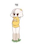  1girl black_eyes egg egg_(lemyawn) english_text eyebrows_visible_through_hair full_body gen_2_pokemon highres holding holding_pokemon lemyawn long_sleeves looking_at_viewer medium_hair original pokemon pokemon_(creature) solo standing sunny_side_up_egg sweater togepi turtleneck turtleneck_sweater yellow_sweater 