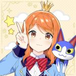  1girl :3 bow bowtie brown_eyes character_request commentary_request diagonal-striped_neckwear diagonal_stripes doubutsu_no_mori eyebrows_visible_through_hair hand_up long_hair long_sleeves looking_at_viewer orange_hair portrait sky_(freedom) smile star_(symbol) striped striped_neckwear v 