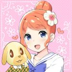  1girl :d blue_bow blue_eyes blue_neckwear bow bowtie character_request commentary_request doubutsu_no_mori eyebrows_visible_through_hair flower hair_bun hair_flower hair_ornament heart looking_at_viewer open_mouth orange_hair portrait sailor_collar sky_(freedom) smile 