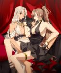  2girls amazuki_jou azur_lane body_markings cocktail_dress dress evening_gown facial_mark forehead_mark gold_bracelet gold_choker halter_dress high-waist_sideboob highres jean_bart_(azur_lane) jean_bart_(uninhibited_bloodstone)_(azur_lane) massachusetts_(azur_lane) massachusetts_(dressed_to_impress)_(azur_lane) multiple_girls native_american white_nails yuri 