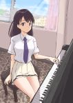  1girl black_hair blush curtains highres imae_megumi instrument kajino_(aosansai) long_hair necktie piano sitting smile watashi_ga_motenai_no_wa_dou_kangaetemo_omaera_ga_warui! 