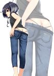  1girl alternate_costume ass black_hair black_panties black_shirt brown_eyes butt_crack casual commentary_request denim feet_out_of_frame from_behind highres jeans kantai_collection looking_at_viewer looking_back nassukun panties pants shirt short_hair short_hair_with_long_locks sidelocks sleeveless sleeveless_shirt solo standing thong tokitsukaze_(kantai_collection) two_side_up underwear 