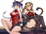  2girls :d animal_ears arknights arm_support bangs bare_arms bare_legs bare_shoulders black_headwear black_jacket black_shorts blue_hair breasts ch&#039;en_(arknights) china_dress chinese_clothes cleavage cleavage_cutout commentary_request covered_navel crossed_legs double_bun dragon_horns dragon_tail dress eyebrows_visible_through_hair fang feather_boa feet_out_of_frame green_eyes hair_between_eyes hat head_tilt horns jacket large_breasts long_hair looking_at_viewer multicolored_hair multiple_girls off_shoulder open_mouth purple_eyes red_dress red_hair sash short_shorts shorts sidelocks simple_background sitting sleeveless sleeveless_dress smile streaked_hair swire_(arknights) tail thighhighs thighs tiger_ears tiger_tail white_background yuzuruka_(bougainvillea) 