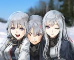  3girls ak-12_(girls_frontline) ak-15_(girls_frontline) anger_vein bangs blurry blurry_background closed_mouth e.de.n gas_mask girl_sandwich girls_frontline long_hair mask_around_neck multiple_girls one_eye_closed open_mouth photo_background purple_eyes rpk-16_(girls_frontline) sandwiched silver_hair 