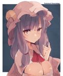  1girl alternate_eye_color blue_background breasts brown_eyes capelet character_name cleavage crescent crescent_moon_pin fuukadia_(narcolepsy) hat large_breasts long_hair looking_at_viewer mob_cap patchouli_knowledge pink_capelet pink_headwear purple_hair sidelocks solo touhou two-tone_background upper_body white_background 