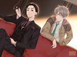  2boys artist_name black_eyes black_hair black_neckwear black_pants black_suit black_vest brown_hair brown_jacket cigar couch crossed_legs earrings english_commentary formal fugou_keiji_balance:unlimited green_eyes green_neckwear hair_between_eyes hand_on_own_leg highres indoors jacket jewelry kanbe_daisuke katou_haru long_sleeves looking_at_viewer male_focus multiple_boys necktie pants pocket pocket_square sitting smoking standing stud_earrings suit vest yoghurtstripper 