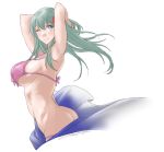  1girl ass bad_anatomy bikini blue_sarong blush breasts dated eyebrows_visible_through_hair flower front-tie_bikini front-tie_top green_eyes green_hair hair_between_eyes hair_flower hair_ornament highres kantai_collection large_breasts long_hair one_eye_closed purple_bikini red_flower sarong simple_background smile solo sozan suzuya_(kantai_collection) swimsuit twitter_username white_background 