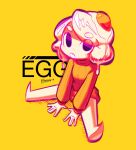  1girl absurdres bare_legs barefoot borrowed_character character_name dripping egg egg_(lemyawn) eyebrows_visible_through_hair full_body highres long_sleeves looking_at_viewer medium_hair open_mouth orange_sweater original simple_background sitting solo sunny_side_up_egg sweater twitter_username white_hair yellow_background yungbird 