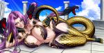  1girl absurdres bangs bare_shoulders breasts bustier claws cleavage cleavage_cutout fate/grand_order fate_(series) gorgon gorgon_(fate) highres huge_breasts large_breasts long_hair looking_at_viewer monster_girl navel pelvic_curtain purple_eyes purple_hair rider scales slit_pupils smile snake snake_hair snake_tail solo square_pupils tail very_long_hair zantyarz 