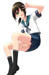  1girl black_hair blue_neckwear blue_sailor_collar blue_skirt commentary_request fubuki_(kantai_collection) full_body green_eyes highres invisible_chair kantai_collection katsuobushi_(eba_games) long_hair looking_at_viewer low_ponytail neckerchief pleated_skirt ponytail sailor_collar school_uniform serafuku short_ponytail sidelocks simple_background sitting skirt solo white_background 