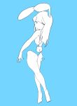  1girl absurdres animal_ears bangs bare_legs barefoot blending blue_background bunny_ears bunny_tail bunnysuit from_behind full_body highres lemyawn limited_palette long_hair looking_at_viewer looking_back no_mouth no_nose original solo tail white_hair 