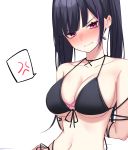 1girl anger_vein arms_behind_back bare_shoulders bikini black_bikini black_choker black_hair blush breasts choker cleavage closed_mouth front-tie_bikini front-tie_top frown halterneck highres ichiki_1 large_breasts long_hair looking_at_viewer multicolored_hair navel nose_blush original purple_eyes restrained sidelocks simple_background solo spoken_anger_vein stomach streaked_hair string_bikini swimsuit twintails upper_body v-shaped_eyebrows white_background 