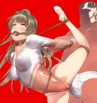  1boy 1girl a1 bound briefs brown_eyes brown_hair collar commentary_request cowboy_shot dog_collar grinding gymnast_leotard half-soles leg_up leotard long_hair love_live! love_live!_school_idol_project minami_kotori one_side_up pussy_juice red_background restrained rope split standing standing_on_one_leg standing_split tied_up tongue tongue_out two-tone_leotard underwear upturned_eyes 