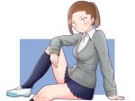  blue_skirt boku_no_kokoro_no_yabai_yatsu brown_eyes brown_hair grey_jacket gyaru hachimitsu_shitate highres jacket knee_up kneehighs looking_at_viewer medium_hair sakura_inorio simple_background sitting skirt white_footwear 