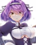  1girl apron azur_lane bangs black_gloves breasts broken broken_chain chain cleavage close-up dress eyebrows_visible_through_hair feather_boa gloucester_(azur_lane) gloves hair_between_eyes hair_over_one_eye hairband lace-trimmed_hairband large_breasts long_sleeves looking_at_viewer maid open_mouth puffy_sleeves purple_hair satsuki_meguru short_hair shrug_(clothing) simple_background underboob_cutout yellow_eyes 