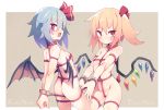  2girls ass back bare_arms bare_shoulders bat_wings bdsm blonde_hair blue_hair blush bondage bound bound_wrists breasts closed_mouth collar cowboy_shot cuffs flandre_scarlet fuukadia_(narcolepsy) grey_background hair_ribbon looking_at_viewer looking_back medium_hair multiple_girls one_side_up open_mouth profile red_collar red_eyes red_ribbon remilia_scarlet restrained revealing_clothes ribbon siblings sisters small_breasts standing sweat touhou two-tone_background white_background wings 
