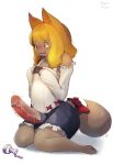  anthro armwear big_penis blonde_hair blush bottomwear brown_body brown_fur canid canine clothed clothing detached_sleeves erection erection_under_clothing flustered fur genitals girly hair hi_res honeycalamari humanoid_genitalia humanoid_penis kemono kneeling long_hair male mammal monotone_hair partially_clothed paws penis potion simple_background skirt solo tenting white_background wide_hips 