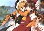  2girls black_gloves black_headwear blonde_hair blush brown_eyes brown_hair closed_mouth detached_sleeves eyebrows_visible_through_hair gloves hakurei_reimu hat kirisame_marisa long_hair long_sleeves looking_at_another meji_aniki multiple_girls orange_scarf outdoors scarf shared_scarf smile touhou very_long_hair witch_hat yuri 