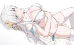  1girl anastasia_(fate/grand_order) bangs bikini blue_eyes blue_robe blush breasts bright_pupils cleavage closed_mouth covered_nipples dutch_angle fate/grand_order fate_(series) fur_trim hair_over_eyes hairband large_breasts long_hair looking_at_viewer lying navel on_back robe shiseki_hirame side-tie_bikini silver_hair simple_background smile swimsuit thighhighs thighs white_bikini white_legwear white_pupils 