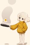  1girl absurdres bare_legs barefoot black_eyes egg egg_(lemyawn) frying_pan full_body hand_in_pocket highres long_sleeves medium_hair no_mouth no_nose orange_sweater original ribbed_sweater shadow sleeves_past_wrists snoozincopter solo standing sunny_side_up_egg sweater twitter_username white_hair 