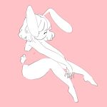  1girl absurdres animal_ears bare_legs barefoot blending bunny_ears bunny_tail hands_together highres knees_up lemyawn limited_palette medium_hair no_mouth no_nose original pink_background simple_background solo tail white_hair 