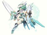  1girl blue_eyes desktop_army doyouwantto flying from_side green_hair holding holding_shield holding_sword holding_weapon leg_up mecha_musume medium_hair shield solo sword sylphy_(desktop_army) twintails weapon 