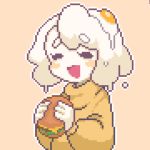 1girl borrowed_character closed_eyes dripping egg egg_(lemyawn) eyebrows_visible_through_hair food hamburger hcnone holding holding_food long_sleeves medium_hair monster_girl open_mouth orange_background orange_sweater original outline pixel_art simple_background slime_girl smile solo sunny_side_up_egg sweater upper_body white_hair white_outline 