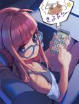  1girl ahoge bangs blunt_bangs blush breasts cellphone cleavage downblouse eyebrows_visible_through_hair from_above glasses headphones indoors looking_at_viewer looking_back off-shoulder_shirt off_shoulder persona persona_5 phone pink_hair puzzle_&amp;_dragons rotix sakura_futaba shirt sidelocks sitting small_breasts smartphone solo 