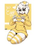  1girl bangs black_eyes borrowed_character breasts bright_pupils character_name dripping egg egg_(lemyawn) full_body heart heart_hands joshua_pixels long_sleeves looking_at_viewer medium_hair orange_sweater original outline parted_lips pixel_art seiza sitting skindentation smile solo striped striped_legwear sunny_side_up_egg sweater thighhighs white_hair white_outline white_pupils 