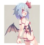  1girl ass back bare_shoulders bat_wings blue_hair bound bound_wrists breasts from_behind fuukadia_(narcolepsy) grey_background hair_ribbon open_mouth red_eyes red_ribbon remilia_scarlet revealing_clothes ribbon small_breasts solo sweat touhou two-tone_background white_background wings 