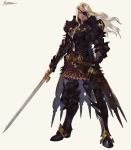  1boy armor belt blonde_hair blue_eyes breastplate closed_mouth eyepatch full_armor full_body gauntlets greaves grey_background highres holding holding_sword holding_weapon kotatsu_(g-rough) long_hair looking_at_viewer male_focus metal_boots one_eye_covered original pauldrons shoulder_armor simple_background solo standing sword waist_cape weapon 